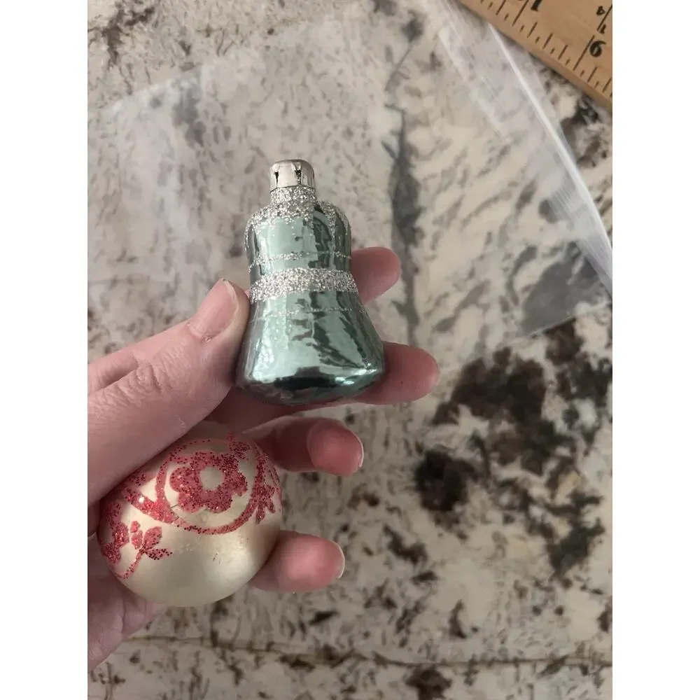 Vintage Mercury Glass Globe And Bell Christmas Ornaments Stenciled 1950s RARE